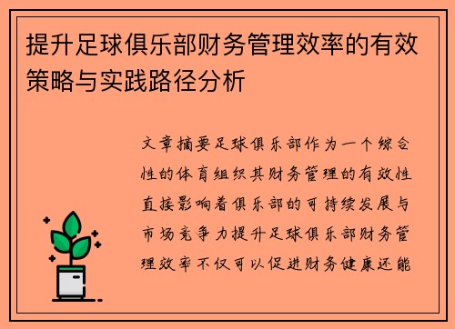 提升足球俱乐部财务管理效率的有效策略与实践路径分析 提升足球俱乐部财务管理效率的有效策略与实践路径分析