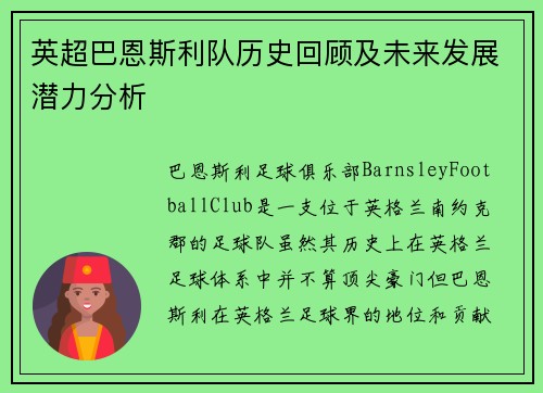 英超巴恩斯利队历史回顾及未来发展潜力分析 英超巴恩斯利队历史回顾及未来发展潜力分析